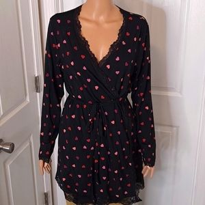 Victoria's Secret Heart Sprinkled Kimono Robe With Black Lace Trim